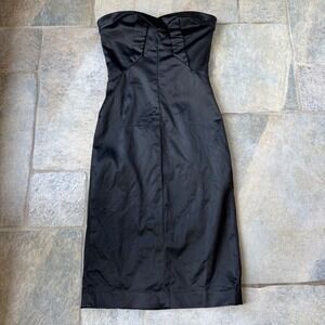 Y2K Bebe Black Strapless Satin Bodycon‎ Dress S – Sweetheart Neckline & Belt